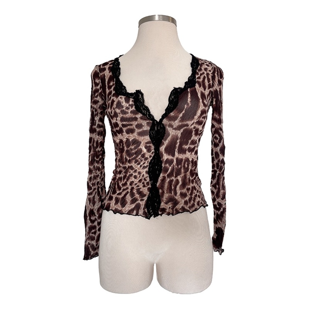 Guess Leopard Print Sheer Top with Black Lace Trim